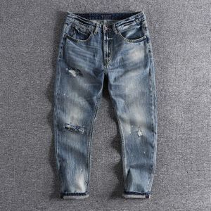 Bedelaar Gat Slanke Jeans Mannen Verf Punt Veelzijdige Capri Boot Broek Jeans Broek 0596