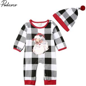 Baby Lente Herfst Kleding Baby Baby Jongen Meisje Kleding Kerstman Plaid Romper Lange Mouw Jumpsuit Hoed 2 Stuks outfit Set