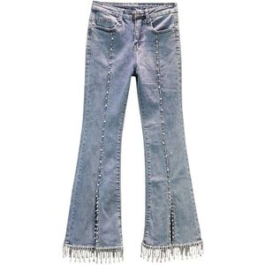 Strass Omzoomd Jeans Vrouwen Katoen Elastische Hoge Taille Slim Fit Wijde Pijpen Flared Broek Vrouwen Strass Broek Jean