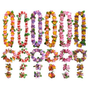 6Pcs Hawaiiaanse Krans Kunstmatige Delicate Bloemen Gekleurde Krans Hoofdband Ketting Armband Set Voor Strand