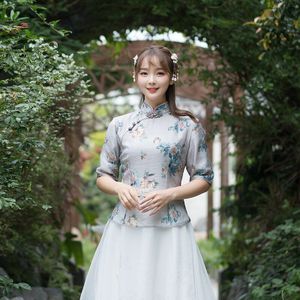 Vintage Chiffon Blouse Vrouwen Overhemd Chinese Stijl Kleding Cheongsam Top Qipao Traditionele Chinese Kleding Voor Vrouwen