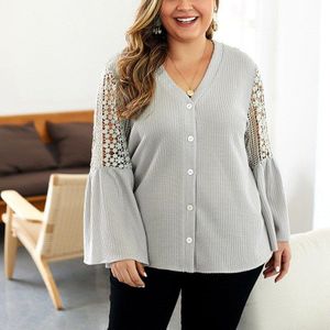 Herfst En Winter Trui Top Maat 4XL 5XL 6XL 7XL 8XL Vrouwen V-hals Knop Kant Trompet Mouwen Effen Kleur buste 133 Cm