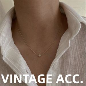 Aomu Koreaanse Retro Parel Geometrische Metalen Goud Kleur Dunne Ketting Sleutelbeen Ketting Voor Vrouwen Alle-Match Temperament sieraden