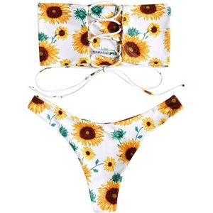 Hoge Taille Vrouwen Sexy Tweedelige Badpak Wit Zonnebloem Print Badpak Off Shoulder Bikini Badpak Beha Badmode Pak Badmode