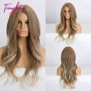 Tiny Lana Synthetische Pruiken Golden Ash Blonde Ombre Lange Midden Punt Golvend Kapsel Natuurlijke Haarlijn Voor Afro Vrouwen Hittebestendige