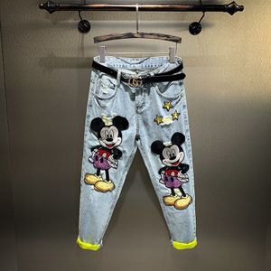 Lente Zomer Enkellange Lange Jeans Voor Vrouwen Cartoon Borduurwerk Gat Losse Ongedwongen Straight Denim Broek Studenten