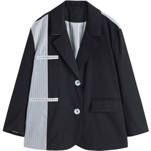 [Eam] Vrouwen Grijs Gestreepte Split Big Size Blazer Revers Lange Mouwen Losse Fit Jas Mode Tij Voorjaar herfst 1X790