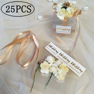 25 Stuks Pvc Bonbondoos Verjaardagsfeestje Event Baby Shower Decor Bruiloft Gunst Partij Levering Bruidsmeisje Bag Box Met lint Bloem