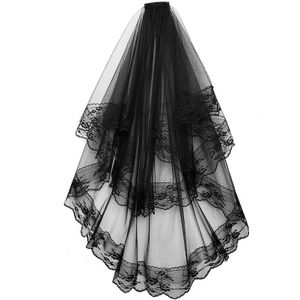 Zwart Wit Kant Bridal Veils Met Kam Korte Twee Layer Elegante Vintage Wedding Veils Voor Bruid Cosplay Kostuum Haaraccessoires