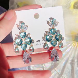 Mengjiqiao Koreaanse Luxe Blauw Hart Crystal Tassel Oorbellen Voor Vrouwen Meisjes Mode Waterdrop Pendientes Party Sieraden