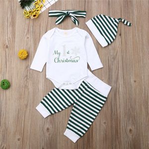 3Pcs Pasgeboren Kleding Set Eerste Kerst Brief Bodysuit Baby Jongens Rompertjes Gestreepte Broek Hoeden Xmas Baby Meisjes Set Baby pak