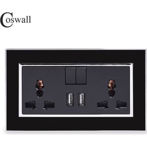 Coswall 13A Universele Stekkerdoos 2 Usb Charge Port Voor Mobiele Output 2.1A Stopcontact Zwart Acryl Paneel