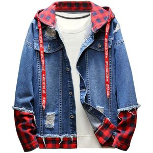 Mannen Plaid Denim Jas Hooded Jassen Mode Mannelijke Streetwear Bomberjack mannen Hip Hop mannen Retro Denim jas Streetwear