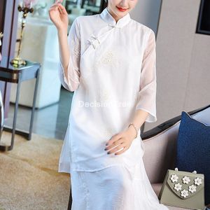 Traditionele Chinese Shirt Kleding Voor Vrouwen Borduren Qipao Elegante Blouse Vintage Cheongsam Satijn Top Dames Kleding