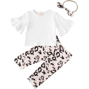 Pasgeboren Baby Baby Meisjes Jongens Kleding Sets 3Pcs Flare Mouw Wit T Shirts Tops + Luipaard Broek Hoofdband