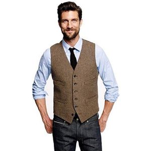 Mannen Vintage Bruin Tweed Vest Wol Engeland Stijl Mannen Pak Vest Business Formele Pak Vest