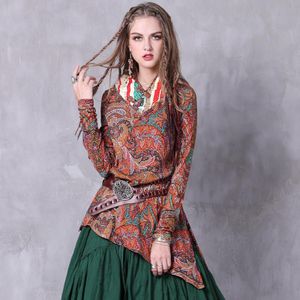 Vrouwen Blouses Yuzi. nay Boho Katoen-Linnen Blusas Bloemenprint Stand Kraag Kikker Knot Asymmetrische Blouse B9157 Shirts