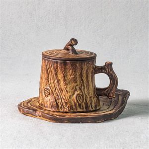 Japanse Stijl Handgemaakte Grof Aardewerk Stump Koffie Met Schotel Creatieve Latte Melk Mok Keramische Retro Afternoon Tea Cup