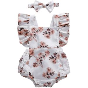 0-24M Pasgeboren Baby Meisjes Bloemen Print Ruches Korte Mouw Romper Hoofdband 2 Stuks Schattige Baby Kleding