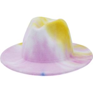 Qbhat Brede Rand Tie Dye Fedora Hoeden Voor Vrouwen Mannen Herfst Winter Dames Vintage Tovenaar Multicolor Panama Vilt Jazz hoed
