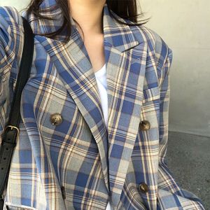 Junelove Vrouwen Lente Double Breasted Blazer Jasje Vintage Losse Vrouwelijke Zakken Blazers Casual Straat Lady Chic Koreaanse Outwears