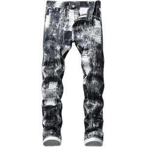 Mannen Slim Fit Black Gedrukt Witte Jeans Mode Rokerige Grijze Stretch Broek