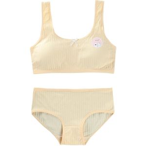 Puberteit Tieners Meisjes 2Pcs Sport Ondergoed Set Geribbelde Cute Bear Print Zoete Strik Padded Wirefree Training Beha En Bijpassende hi