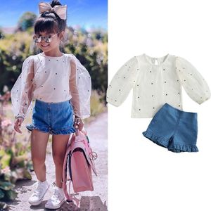 Zomer Baby Kids Meisje Top Shorts Outfits Stip Bladerdeeg Lange Mouw Top Ruche Shorts 2 Stuks Set Mode Kleren