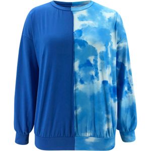 Vrouwen Losse Yoga Blauw Tie Geverfd T-shirts Dames Toevallige Lente Herfst Lange Mouw Ronde Hals Kleur Blok Trui Sportkleding