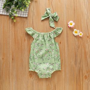 Baby Baby Meisje Mode Bloemen Jumpsuits Zomer Boot Hals Driehoek Gewikkeld Romper En Hoofdband