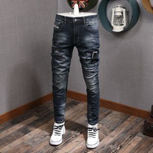 Stijl Mode Mannen Jeans Blauwe Kleur Elastische Slim Fit Ripped Jeans Mannen Denim Potlood Broek Streetwear Hip Hop Jeans homme