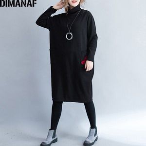 DIMANAF Big Size Jurk Winter Vrouwen Dikke Massaal Vestidos Vrouwelijke Lady Losse Coltrui Borduren Jurk Elegante Kleding Zwart