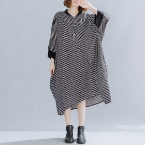 Dimanaf Plus Size Herfst Vrouwen Jurk Gestreepte Print Batwing Mouwen Oversized Vrouwelijke Kleding Patchwork Linnen Losse Casual Dress