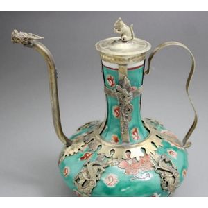 Koperen Standbeeld Antieke Handwerk Prachtige Keramische Tas Zilveren Theepot Prachtige Patroon Draagbare Pot Water Pot Ornament