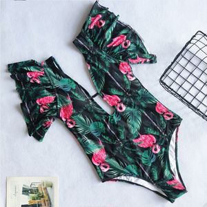 Diepe V Tropische Print Braziliaanse Body Pak Kelderen Flamingo Badpak Vrouwen Een Stuk Sexy Swimwear Vrouwen Monokini