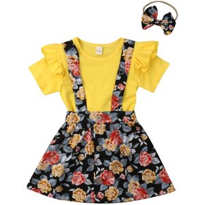 0-6Years Zusters Bijpassende Outfits Korte Mouw Effen Kleur Tops + Bloem Jarretel Rokken + Hoofdband 3 Stuks Meisjes Kleding