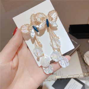 Koreaanse Mode Shell Parel Kwastje Oorbellen Voor Vrouwen Vlinder Kristal Lange Stup Earring Luxulry Trendy Sieraden