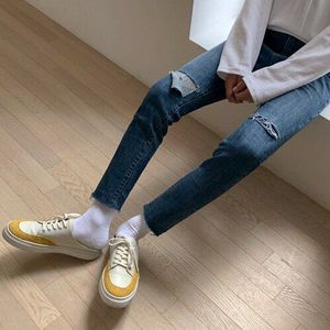 Mannen Solid Mid-Rise Jeans Koreaanse Slim Straight Cropped Broek Mannen Eenvoudige Ripped Jongen Jeans