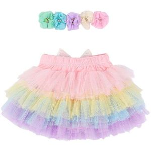 Leuke Baby Baby Meisjes Kleurrijke Regenboog Tutu Rok Hoofdband Strik Mesh Laag Rokken Bloem Hoofddeksels Outfit Sets