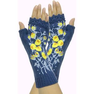 Wanten Handgemaakte Vrouwen Herfst Bloem Warme Wollen Gebreide Winter Handschoenen Half Vinger Borduren Handschoenen