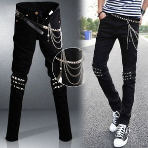 Mens Punk hip hop Zwarte Jeans Lap Hip Rivet Slim Fit Biker Denim Broek Jongens Singer Stadium Ripped Skinny Jeans met Riemen &amp; Kettingen