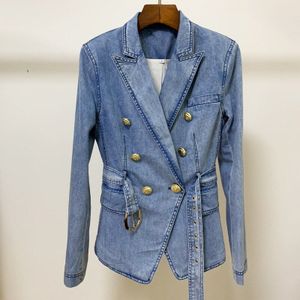 Herfst Klassieke Denim Pak Voor Vrouwen Dubbele Breasted Jean Blazer Jasje Tops Vrouwen Casual Lange Mouw Met Riem Denim jas