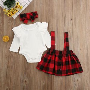 0-18 maanden Baby Meisje Kleding Sets 3pcs Gebreide Tops Romper Plaids Print Bib Jurk + Hoofdband Pasgeboren kerst Outfit