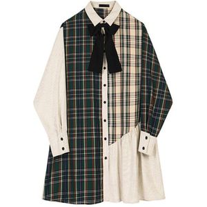 Vgh Temperament Patchwork Plaid Jurk Voor Vrouwen Revers Lange Mouwen Losse Shirt Jurken Vrouwelijke Herfst Mode Kleding