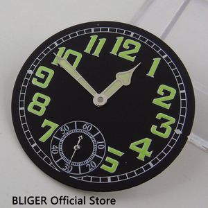 35mm Zwart Steriele Wijzerplaat Groene Lichtgevende Marks Horloge Wijzerplaat + Lichtgevende Pointer Fit Voor ETA 6498 Hand Kronkelende Beweging d59