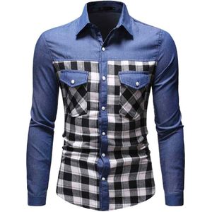 Mannen Casual Plaid Patchwork Panel Button Down Denim Shirt Top Blouse W916