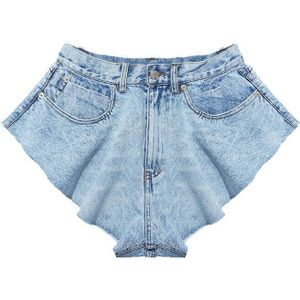 [Eam] Vrouwen Blue Denim Ruches Cut Stijl Wijde Pijpen Shorts Hoge Taille Loose Fit Broek Mode Lente zomer 1S770