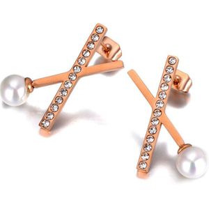 Lokaer Titanium Rvs Gesimuleerde Pearl X Oorbellen Sieraden Rose Gold Cz Kristallen Oorbellen Voor Vrouwen Meisjes E20030