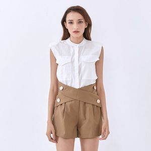 Twotwinstyle Casual Witte Blouse Voor Vrouwen Stand Kraag Mouwloze Solide Minimalistische Shirt Vrouwelijke Zomer Mode Tij