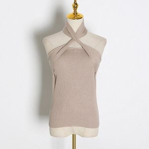 Galcaur Gebreide Sexy Vrouwen Trui Coltrui Mouwloze Off Shoulder Backless Casual Elegante Truien Vrouwelijke Mode
